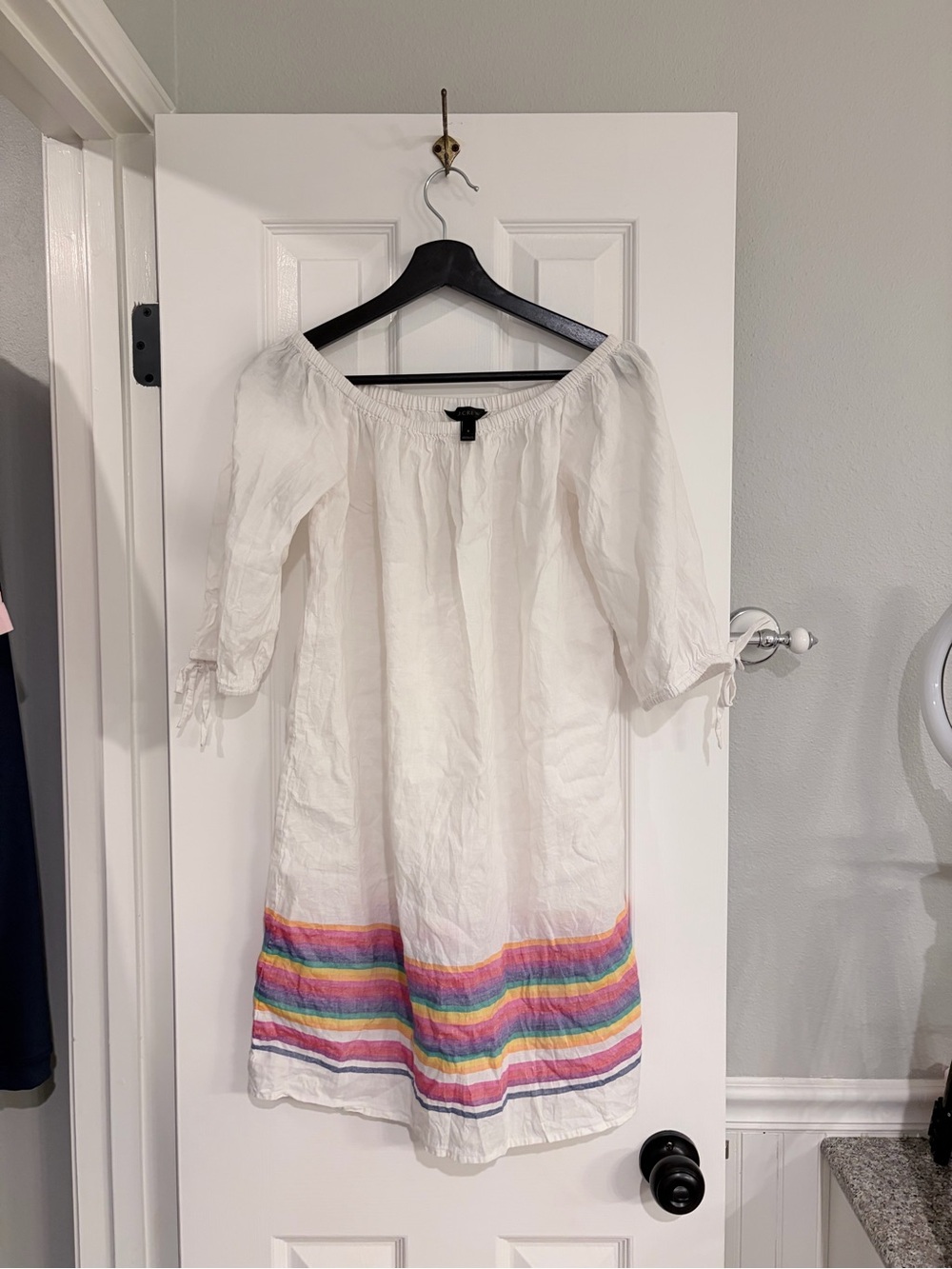 J.Crew White Linen Off Shoulder Rainbow Trim Beach Dress Small